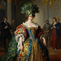 neoclassical portrait of a queen in her peacock mask and a colorful royal peacock dress in her temple, by jacques - louis david, by greg rutkowski, by zdzisław beksinski, by josep tapiro baro, trending on artstation, featured on pixiv, masterpiece, oil on canvas, cinematic composition, dynamic beautiful lighting,