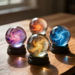 3 glass orbs containing different colorful energetic storms, the glass orbs are sitting on a wooden table in ambient sunlight, photorealistic, cinematic, depth of field, award winning, high resolution, intricate details