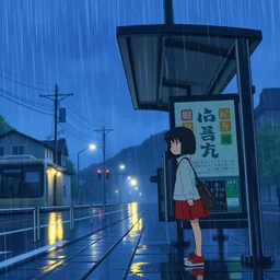 chihiro ogino standing at a bus stop while it's raining, cinematic, realistic, anime scenery by hayao miyazaki.
