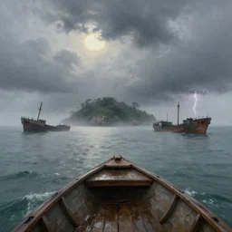 an island in the distance, surrounded by abandoned ships and shipwrecks, coated in fog, raining, the sun is behind clouds, water is grey, storm, lightning, perspective is from a wooden boat, sailing towards the island. photorealistic, painting