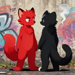 [ ( ( red ) ( black ) ( furry ) ( fursona ) ( weasel * ferret * stoat ) ) ] > [ ( smoke * backing ) ] [ ( wall + graffiti ) ]