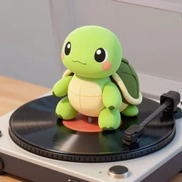 a cute turtle plushie on top of a vinyl record player, 30mm, trending on ArtStation, deviantart, high detail, stylized portrait