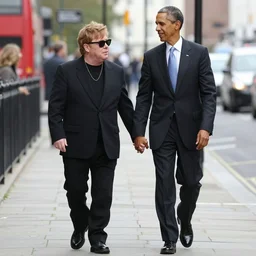 elton john and barack obama holding hands on a street, full body, romantic, warm colors, hyperrealistic, professional picture, high detail, detailed faces, 8 k, award winning, masterpiece,