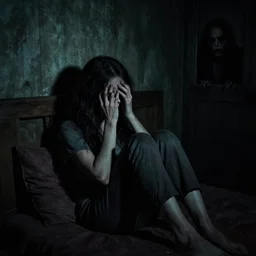 Creepy room with creature that's barely visible in the top right corner hiding Nervous anxiety overwhelming nightmare. Photorealistic