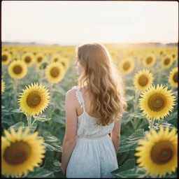 photograph of a beautiful!!! woman! from the back in a tall!! sunflower field by mark owen. pastel colors. kodak!! portra 4 0 0 film. whirl bokeh. mamiya 7. highly detailed. hq. photoreal. golden hour. lens flare. faded film. raw. in - frame