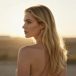 cinematic, golden hour, backlit, over the shoulder photograph of a beautiful blonde woman in a magenta gown looking into the distance, windy, bokeh, tilted angle, iphone 5 photo
