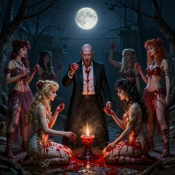 midnight moonlight underground realistic matte painting of wan bald british man surrounded by blood tweakers! addicts! groupies performing ritual blood magic greg rutkowski artstation hdr vivid color ( ( ( ( ( ( ( ( alphonse mucha ) ) ) ) ) ) ) ) )
