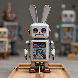 closeup portrait of tin toy robot bunny trap, depth of field, zeiss lens, detailed, symmetrical, centered, fashion photoshoot, by nicoletta ceccoli, mark ryden, lostfish, breathtaking, 8 k resolution, extremely detailed, beautiful, establishing shot, artistic, hyperrealistic, octane render