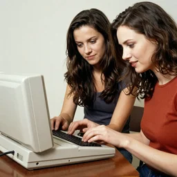 accurate and logical two women assembling a comodore 64 computer, Ukraine. photography