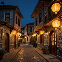 winding street at midnight in a very old very beautiful city by George Price Boyce  and Nicholas Roerich and William Dyce, glowing paper lanterns, strong dramatic cinematic lighting , ornate tiled architecture, lost civilizations, smooth, sharp focus, extremely detailed