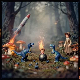 kodak portra 4 0 0, wetplate, muted colours, blueberry, 1 9 3 0 s style, dancing toy dinosaurs in a forest full of mushrooms, fire, motion blur, rockets, bombs, sparks, haze, fog, by georges melies and by britt marling