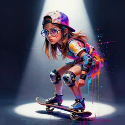 a skater girl wearing circular glasses, wearing a backwards baseball hat, side portrait, defiant, passionate, spotlight, paint drips, glitching paint splatter, vibrant colors, dramatic, brush strokes, collage, futuristic clothing, digital painting, by marco paludet, by jeremy mann, by hannah hoch