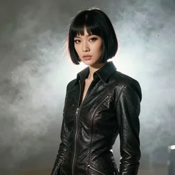 moody, youthful asian blade runner demure, 3 5 mm, exquisite features, feminine cut, pris mascara, 1 9 8 0's frontiers in flight leather suit, roger deakins, smoke, grain, misty, back lit