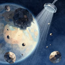 a shower of asteroids hitting a planet, from outer space, beautiful low poly watercolour illustration