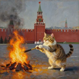 a ukrainian cat wins the war by starting a fire in the kremlin by wojciech siudmak and jeff koons, oil on canvas