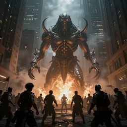 an explosive epic extraterrestrial and hunan battle in new york city, in the style of h. r. giger, epic scene, extremely detailed masterpiece, extremely moody lighting, glowing light and shadow, atmospheric, shadowy, cinematic, god lighting