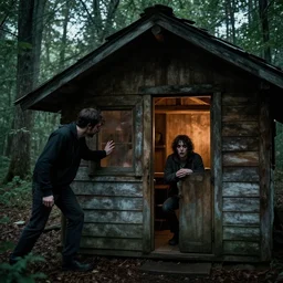 locked in a cabin in the woods : a horror story come to life, this photo idea features a person locked in a cabin with a madman outside, trying to get in.