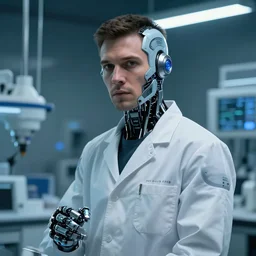 a laboratory operator man with cybernetic enhancements, futuristic gear, scifi character portrait by greg rutkowski, craig mullins, cinematic lighting
