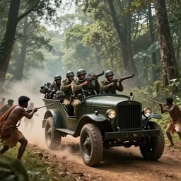 British soldiers with a Lewis gun armed truck in 1921 in kerala forest road, tribe members attacking, action scene, an epic fantasy, dramatic lighting, cinematic, establishing shot, extremely high detail, photorealistic, cinematic lighting, artstation, matte painting by simon stalenhag, horizon forbidden west