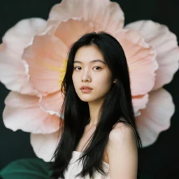 a portrait of a beautiful asian girl with gigantic flower n the background by James Jean and Maria Sibylla Merian