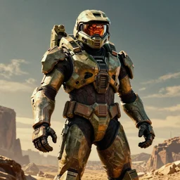 Master chief from halo, wielding the infinity gauntlet, 1970s vintage art,