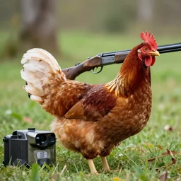 a Chicken with a shotgun ,trail camera, 4k photography award winning,