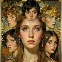 an art nouveau, ( dieselpunk ), multi - racial portrait in the style of anna dittmann and charlie bowater and chanthara. very large, clear, expressive, and intelligent eyes. centered, ultrasharp focus, dramatic lighting, photorealistic digital matte painting, intricate symmetrical ultra detailed background.
