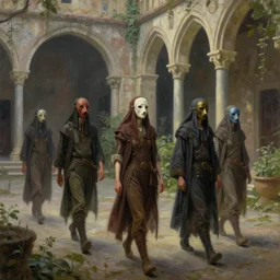 disciples in masks walking through an ambient light - filled courtyard, morning light, romanesque architecture, chiaroscuro, atmospheric, detailed, lush, fantastical, lowbrow, dieselpunk, pj crook, oil on canvas