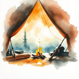 small centered on white watercolor paper, paint brush strokes, abstract watercolor painting of scandinavian hunter tent camp, smoking log fire, midday sharp light, cinematic light, american romanticism by hans dahl, by jesper ejsing, by anders zorn, by greg rutkowski, by greg manchess, by tyler edlin
