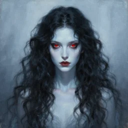 a portrait of a ice queen with long dark curly hair and red eyes, stoic, pale skin, alone dramatic, epic painting, painted by artgerm and wlop, cgsociety, beautiful, artbreeder, artstation, octane render, sharpness, 8 k, golden ratio