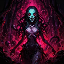 Nightmare phantasmagoria, high contrast, psychedelic, beautiful, horror, digital art, anime art, Greg Rutkowski