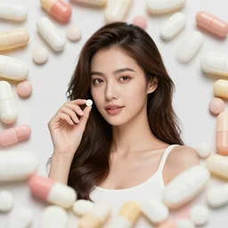 a beautiful female model surrounded by pills