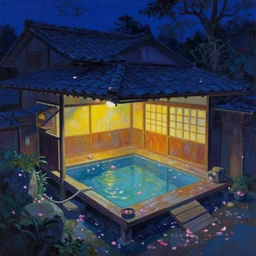 painting of night time intimate empty traditional onsen by small inn floating petals by artgerm mullins rutkowski mucha traditional japanese architecture concept art fantasy octane raytracing vivid color stunning environment indirect light artstation