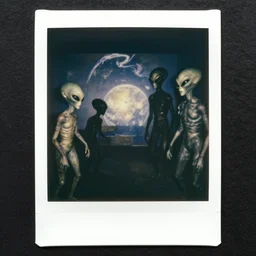 polaroid photograph of horrorific alien beings visiting earth, 1 9 5 0