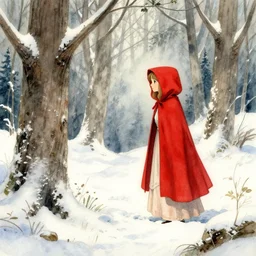 red riding hood lost in a winter forest, art by luis royo and walter crane and kay nielsen, watercolor illustration,