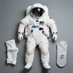 flat lay, knolling of the parts of a space suit, high quality studio photograph.