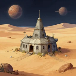 the remains of an abandoned human outpost, on a desert planet, from a space themed point and click 2 d graphic adventure game, art inspired by thomas kinkade