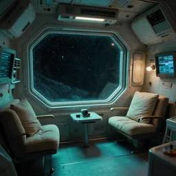 Cozy interior of a space station in space, teal lighting, cozy lighting, space seen outside from a window, by Syd Mead, John Harris, Federico Pelat