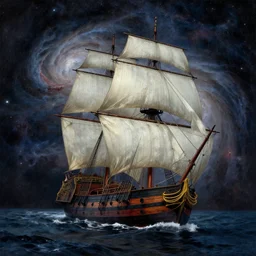 a galleon sailing through a nebula, in the style of zdzisław beksiński