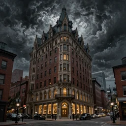 ultra - realistic painting gothic 1 9 2 0 s 1 0 - storey hotel in downtown boston overlooking a dark street against a horrifying cosmic sky, atmospheric lighting, gloomy, foreboding