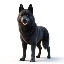 melanistic husky, stylized pixar-style 3d render, full body, isolated on a pure white background, centered, entire subject in frame, sharp focus, soft studio lighting