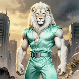 aesthetic portrait commission of a of a male fully furry muscular anthro albino lion with a tail and a beautiful attractive hyperdetailed face wearing stylish and creative mint outfit made out of silk in a sci - fi dystopian city at golden hour while it storms in the background. character design by emshwiller, ed, detailed, inked, western comic book art, award winning film poster painting