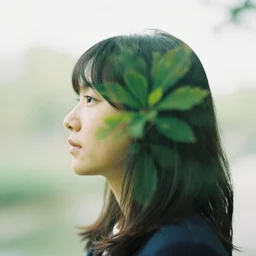 double exposure photo of a woman's profile head and and leaves. kodak.