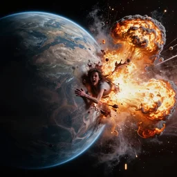 colliding in space, terror, realistic brutal, planets exploding, in the style of ellen jewett bowater, hateful awe shock