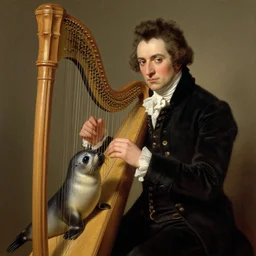 a portrait of franz schubert playing with a harp seal pup, portrait from 1 8 0 0 s