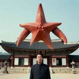 humanoid kaiju starfish creature looming over a korean palace, cinematic korean thriller produced by kim jong - il, 1 9 5 0 s, kodachrome, cooke varotal 2 0 - 1 0 0 t 3. 1