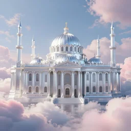 beautiful digital illustration of a shining silver Byzantine palace in the sky, fluffy pastel clouds, architecture, concept art, deviantArt, artsation, artstation HQ, HD, 16k resolution, smooth, sharp detail, amazing depth, octane, finalRender, Unreal Engine