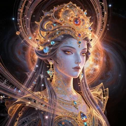 fractal portrait of the powerful empress of the solar system in the style of charlie bowater and in the style of donato giancola. glowing, ornate and intricate linework, sharp focus, depth of field, stunning, dynamic lighting, ultrafine and hyperdetailed.