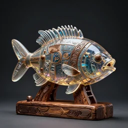 animal fish machine sci - fi totem, carved from wood metal and translucent plastic, intricate details, tribal designs, cinematic, volumetric lighting