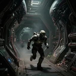 horror movie scene of an individual in futuristic armor being chased down a hallway, running through a deep space mining space station, xenomorph walls, broken pipes, side angle, dark colors, muted colors, tense atmosphere, mist floats in the air, amazing value control, dead space, moody colors, dramatic lighting, ussg ishimura, frank frazetta, hr giger interior
